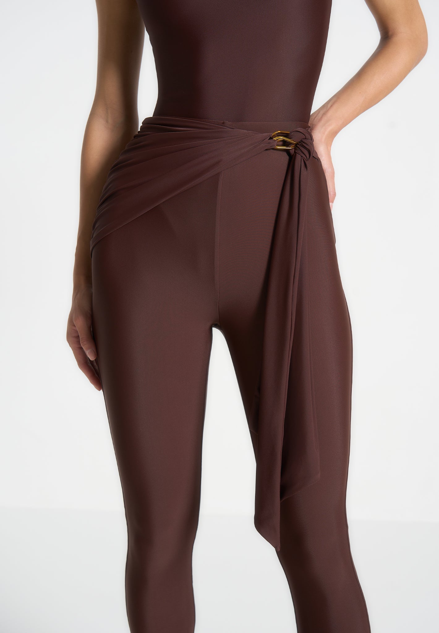Draped Hardware Detail Leggings - Brown