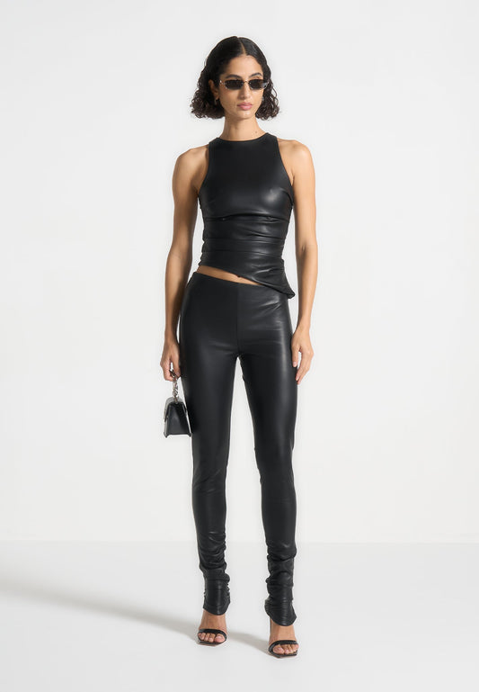 Leather Asymmetric Tacked Racer Top - Black