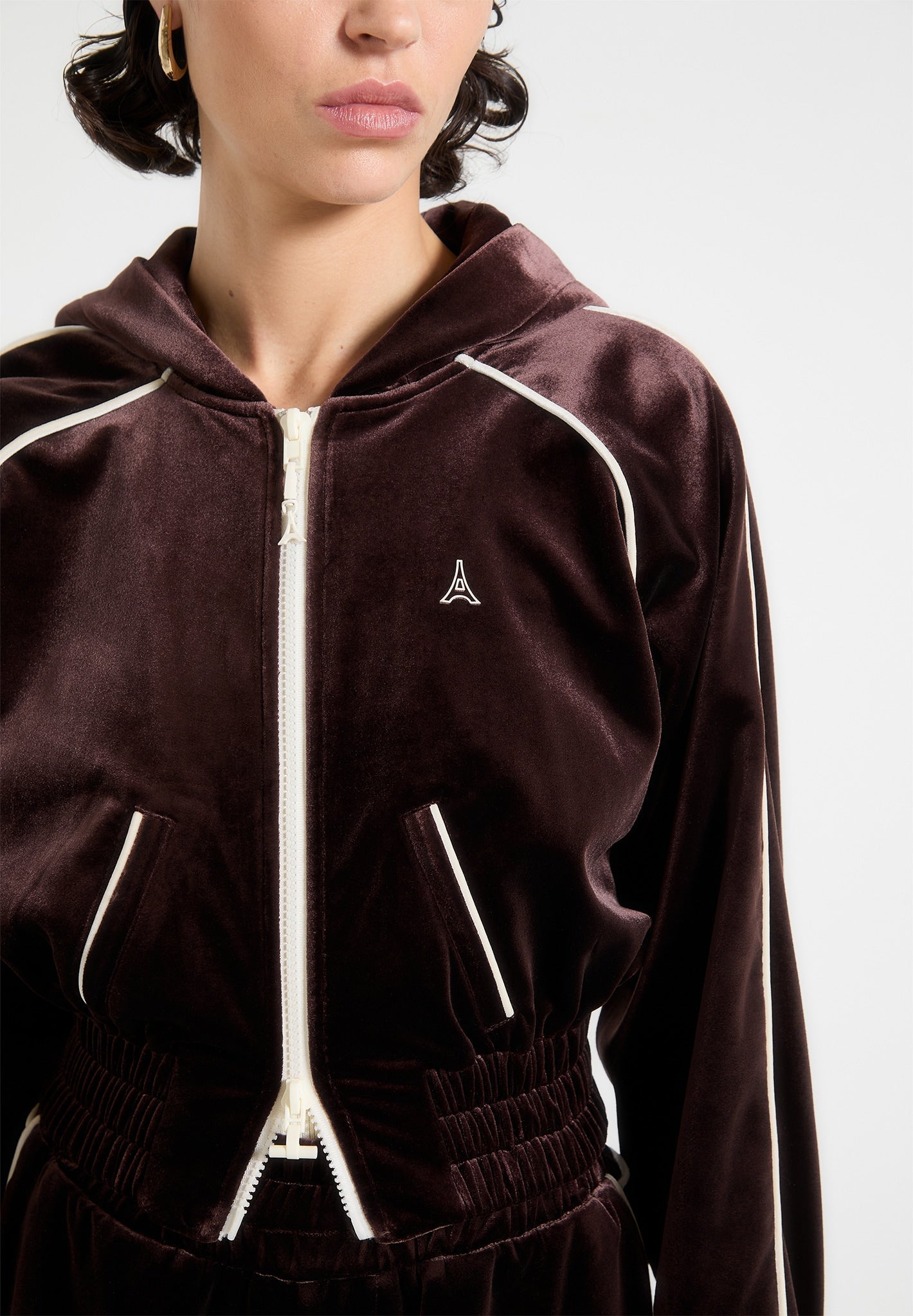 Eiffel Velour Zip Through Hoodie - Brown