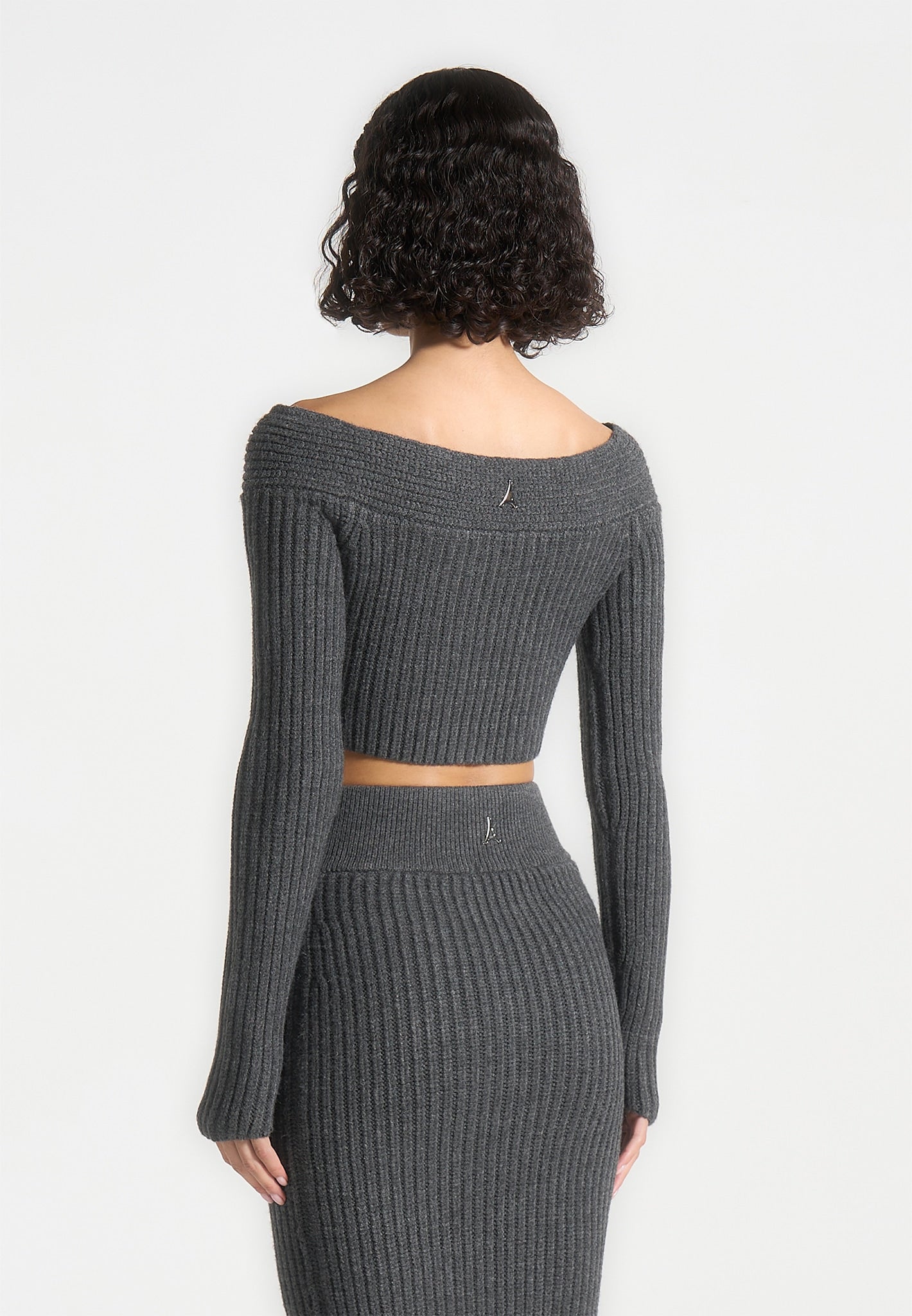 Off Shoulder Knit Crop Top - Grey Marl
