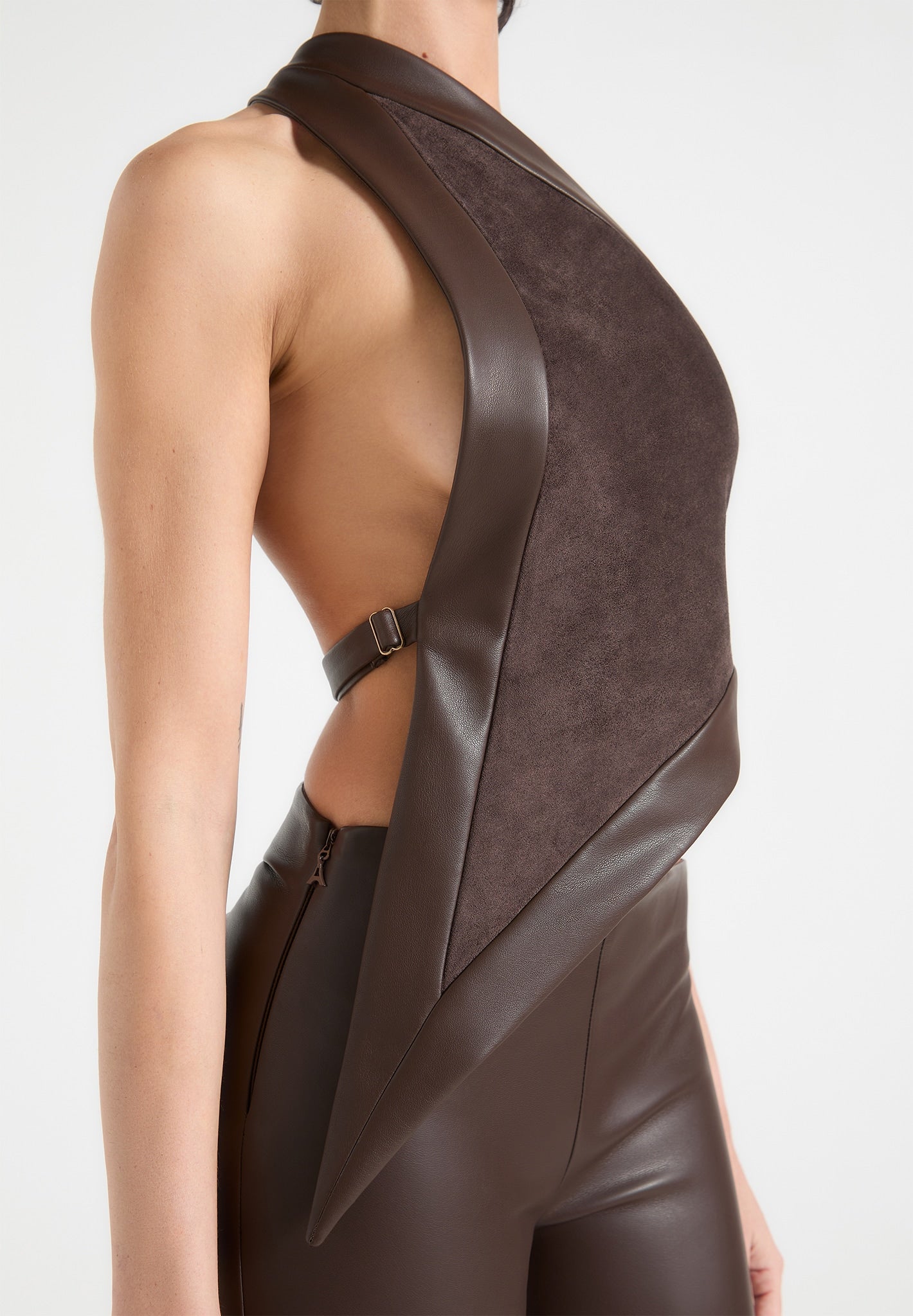 Suede & Leather Asymmetric Backless Top - Brown