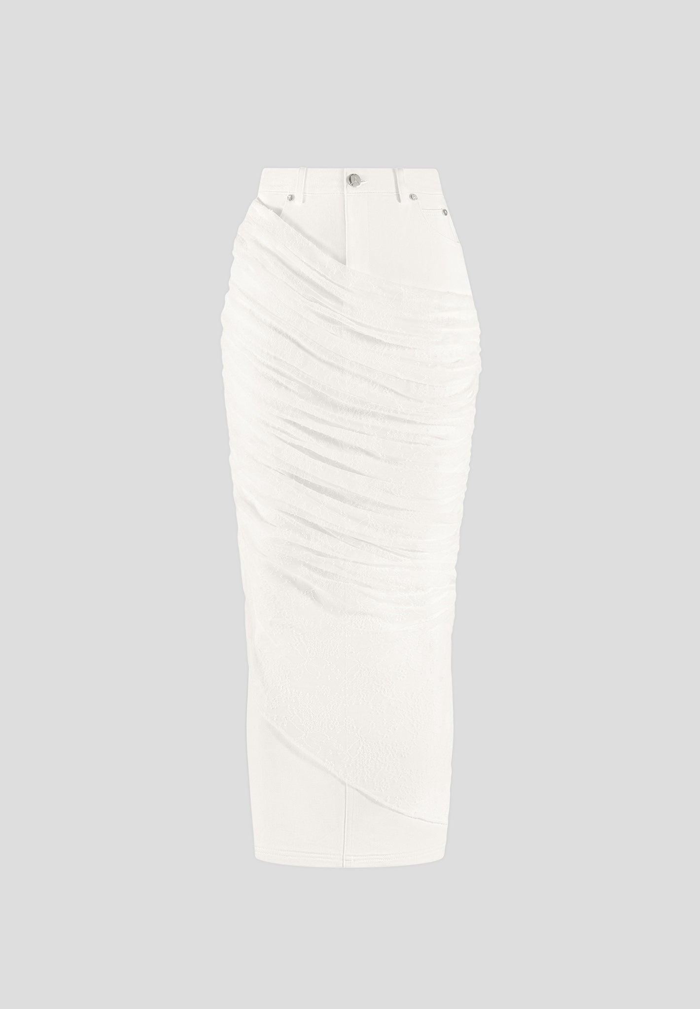 Draped Mesh Denim Maxi Skirt - Off White