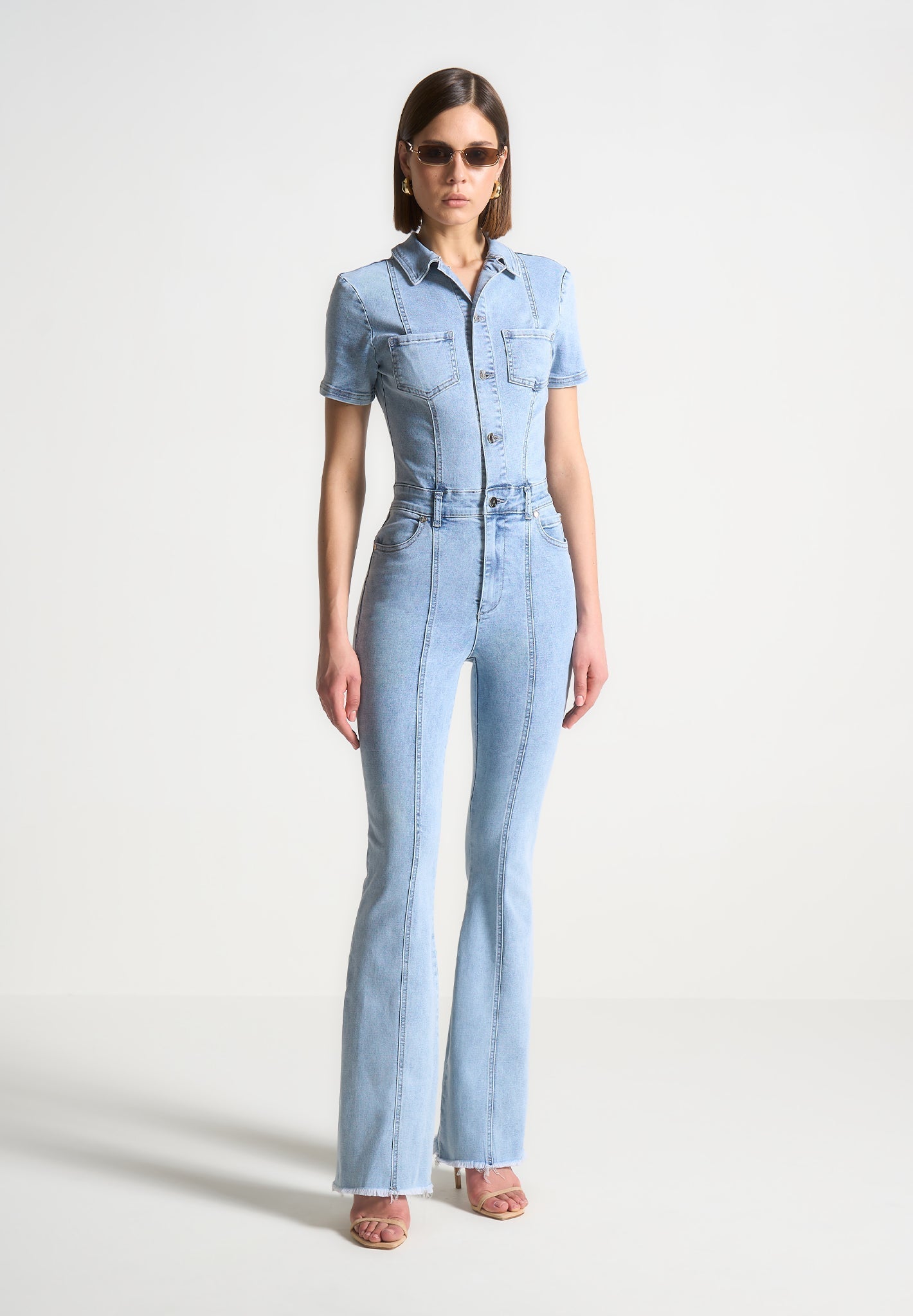 Mini Flared Denim Jumpsuit - Mid Blue