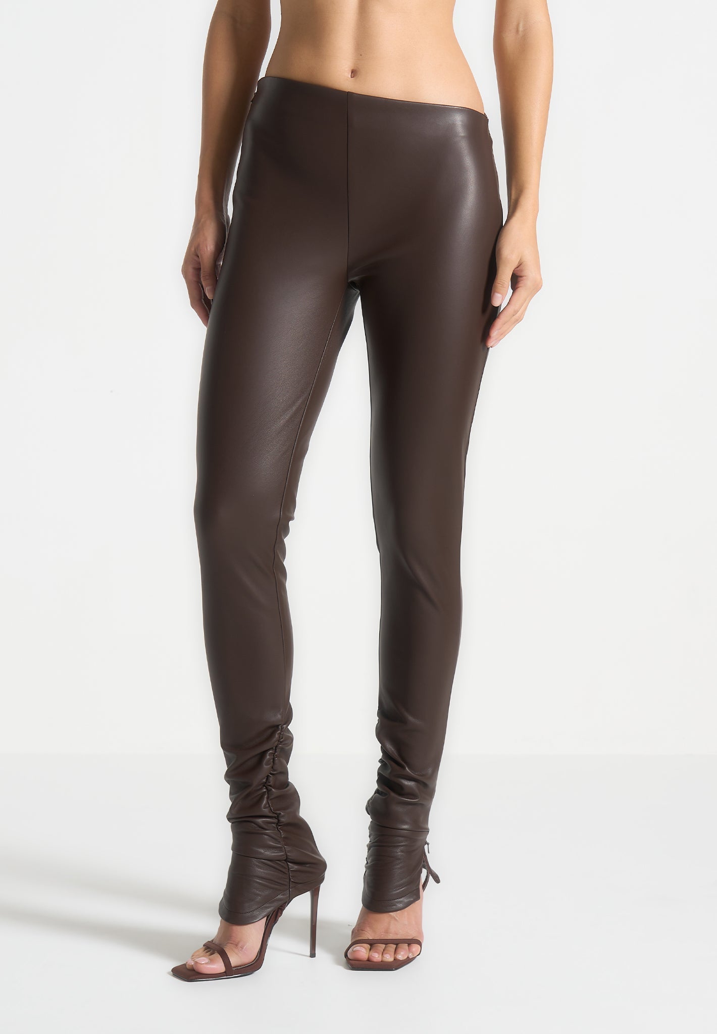 Leather Angled Waistband Leggings - Brown