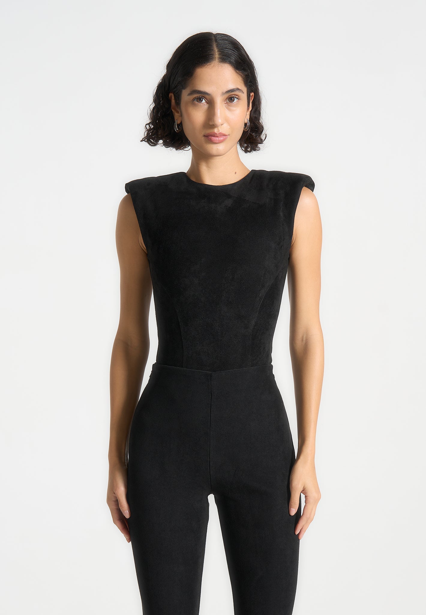 Wide Shoulder Suede Bodysuit - Black