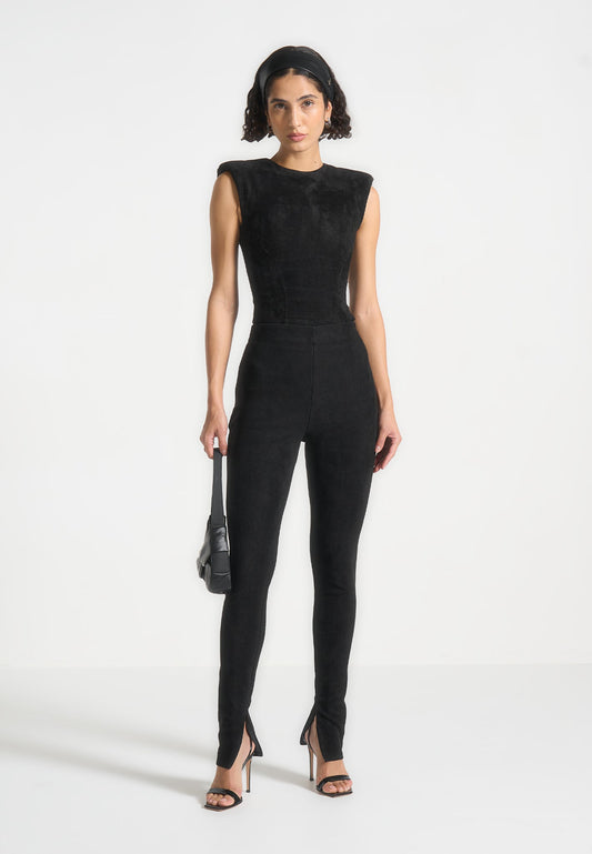 Wide Shoulder Suede Bodysuit - Black