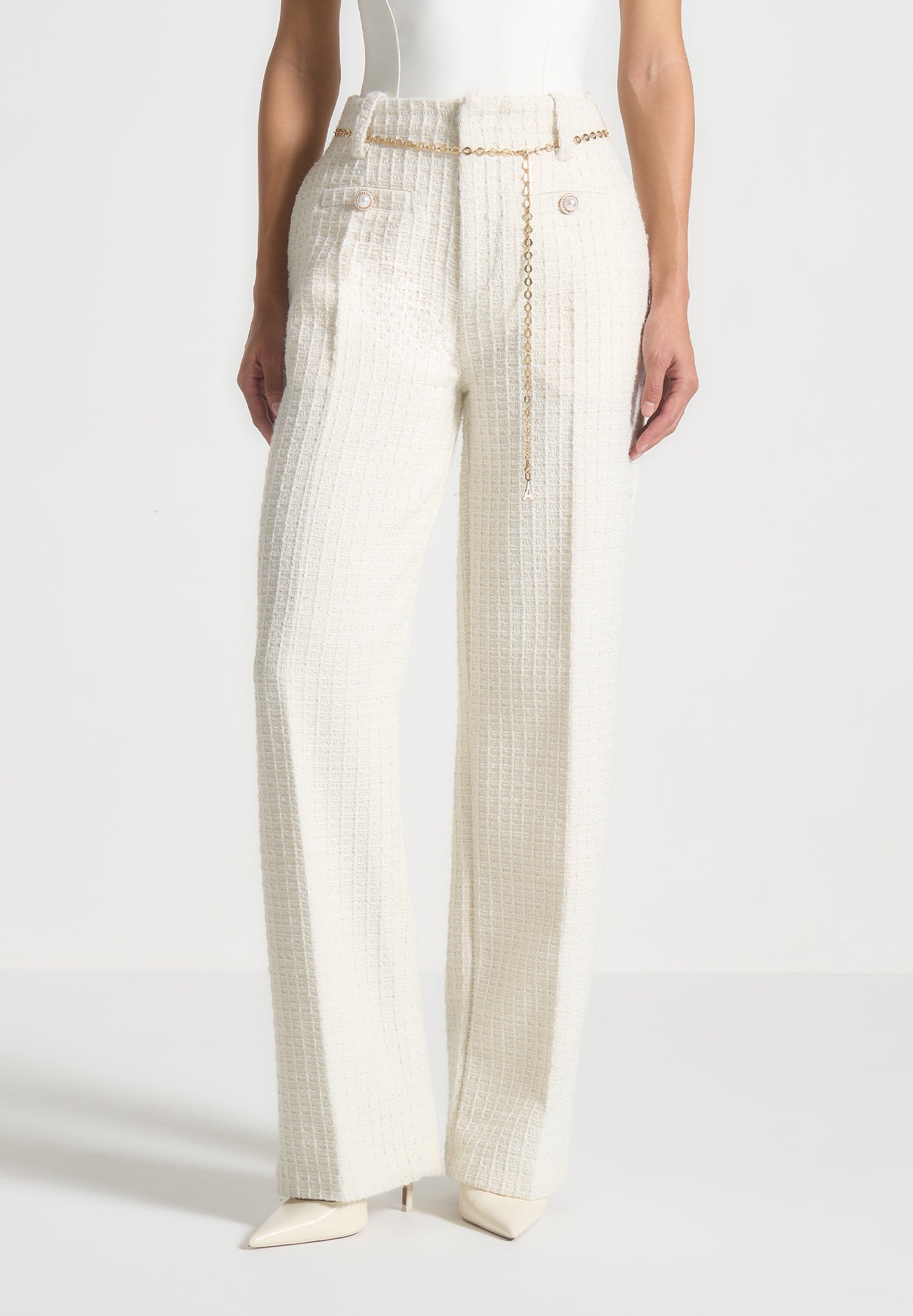 Tweed Trousers with Belt - Cream