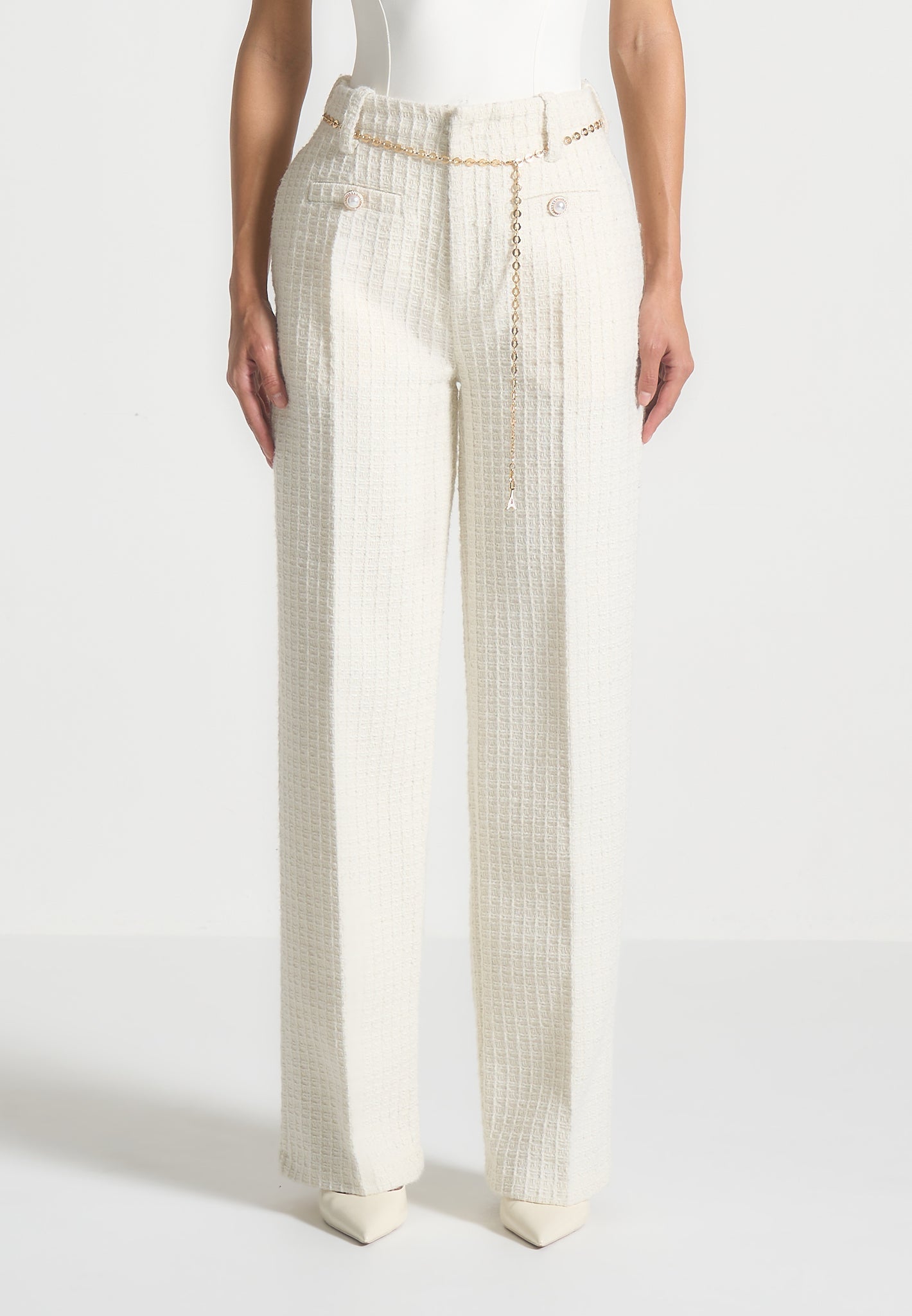 Tweed Trousers with Belt - Cream