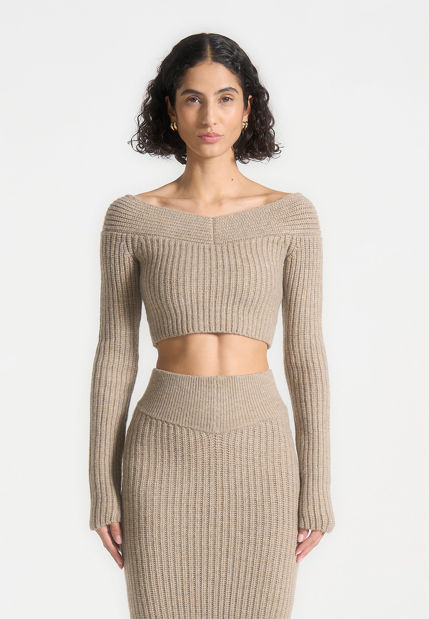 Off Shoulder Knit Crop Top - Beige Marl