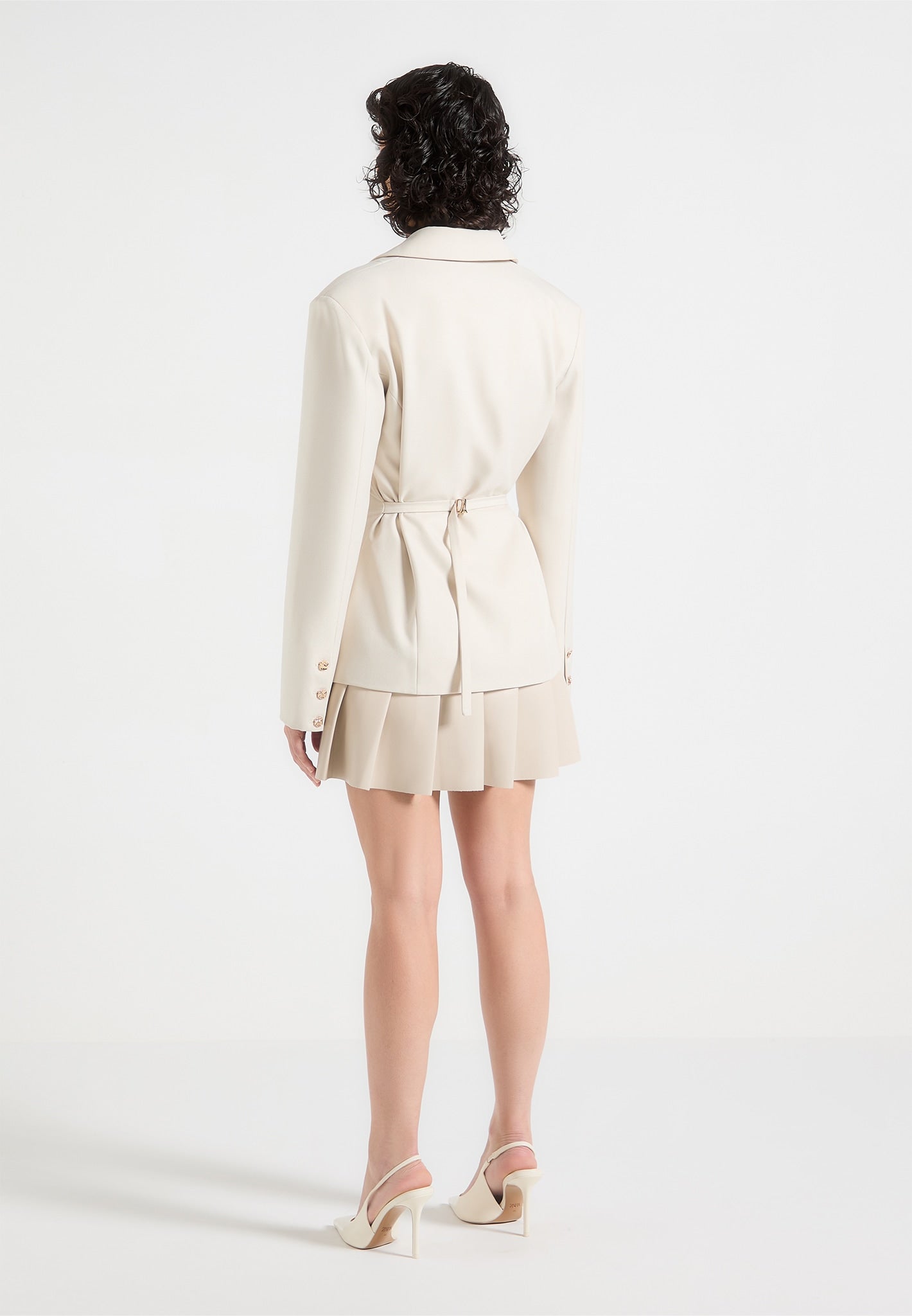 Tailored Cinch Blazer Dress with Pleats - Beige