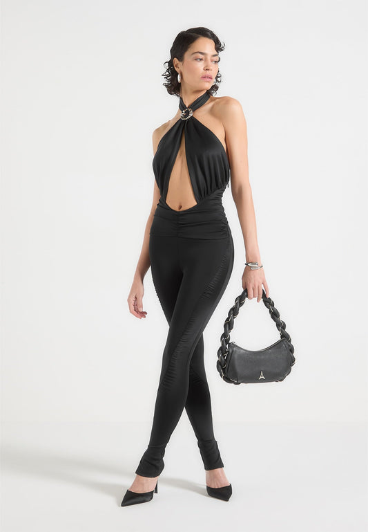 Twist Halterneck Ruched Jumpsuit - Black
