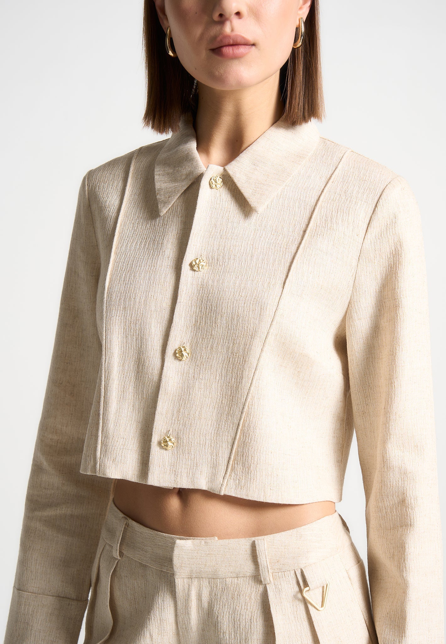 Linen Pintuck Cropped Shirt - Natural
