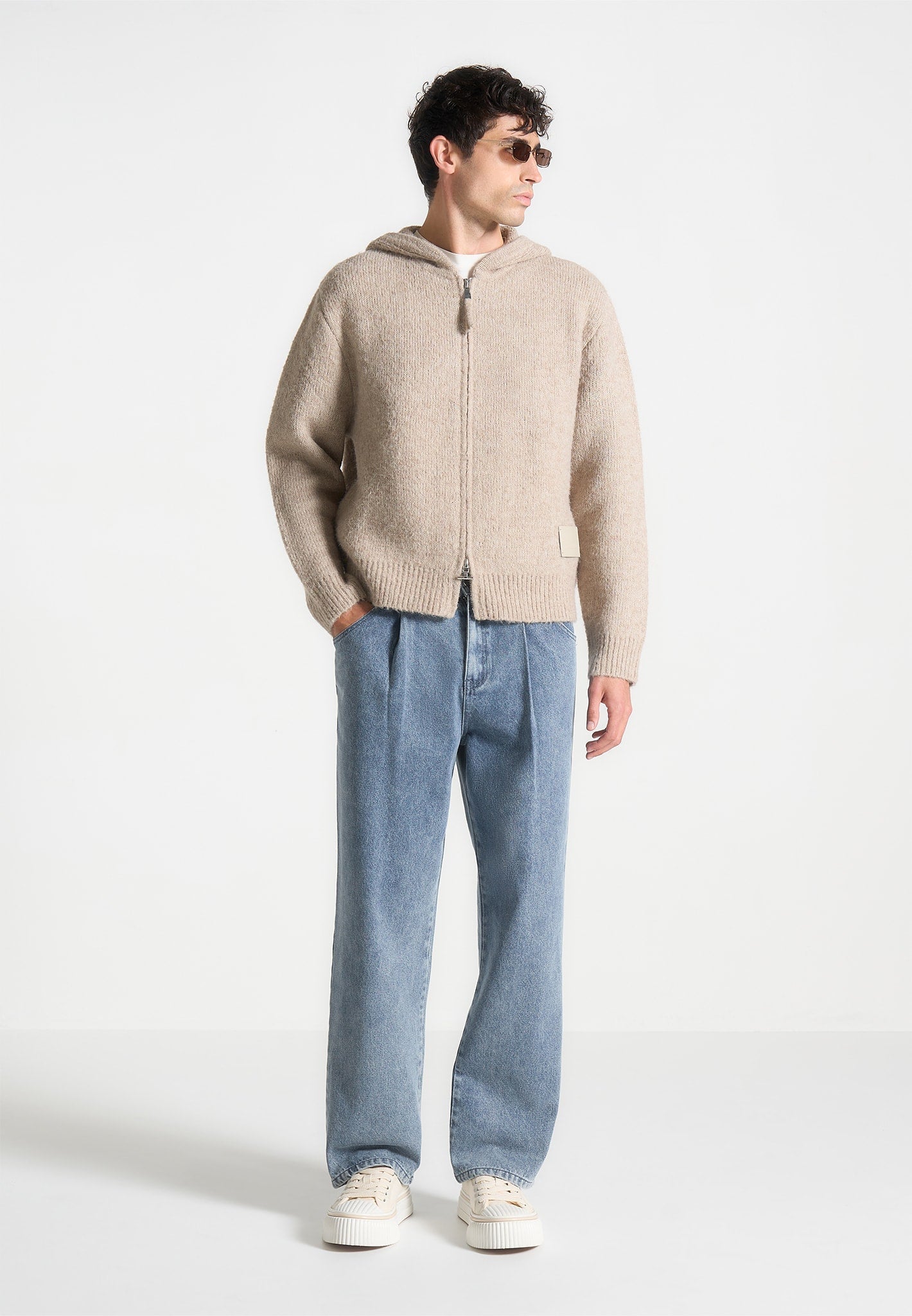 Mohair-Blend Zip Through Hoodie - Beige