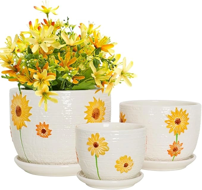 Hlukana Ceramic Plant Pots Set of 3 with Drainage & Saucers