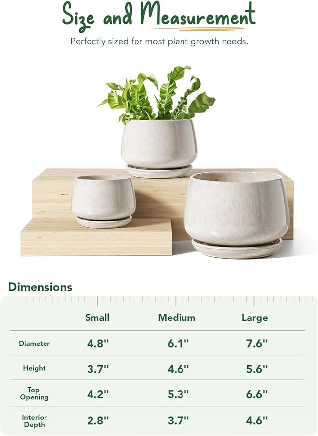 LE TAUCI Ceramic Plant Pots Set of 3 with Drainage & Saucers, Reactive Glaze Beige - Image 2