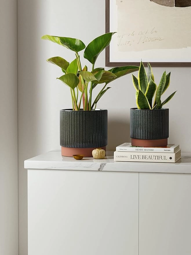 LE TAUCI Ceramic Plant Pots Set of 3 with Drainage, Reactive Glaze Black - Image 2