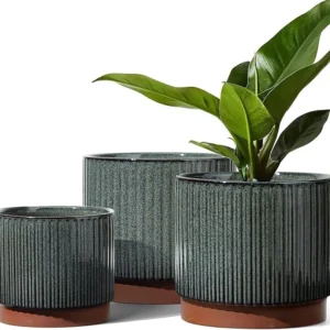 LE TAUCI Ceramic Plant Pots Set of 3 with Drainage, Reactive Glaze Black
