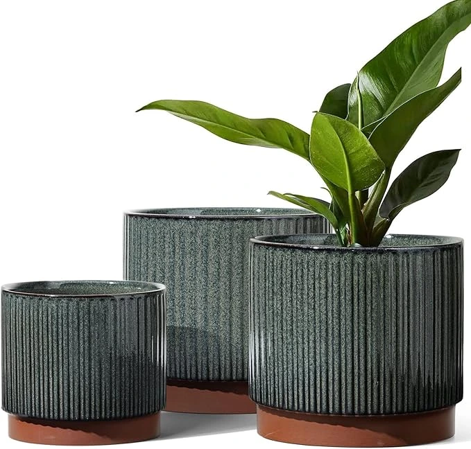 LE TAUCI Ceramic Plant Pots Set of 3 with Drainage, Reactive Glaze Black