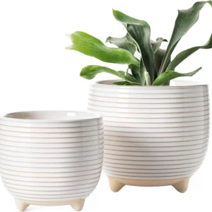 LE TAUCI Ceramic Plant Pots Set of 2 with Drainage, Reactive Glaze White